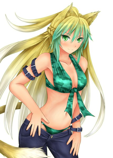 Anime picture 863x1207 with fate (series) fate/grand order atalanta (fate) hozenkakari single long hair tall image blush fringe breasts light erotic simple background blonde hair hair between eyes white background green eyes animal ears tail animal tail multicolored hair