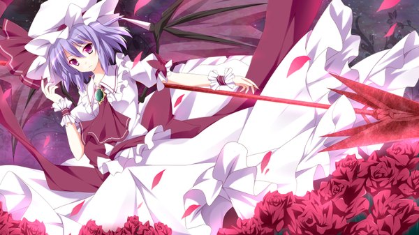 Anime picture 1600x900 with touhou remilia scarlet kurono yuzuko single short hair wide image purple eyes purple hair girl dress flower (flowers) weapon petals wings rose (roses) red rose spear spear the gungnir