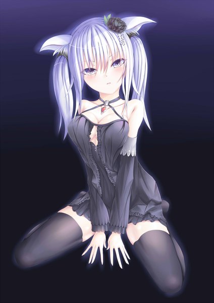 Anime picture 1446x2046 with original isshiki (ffmania7) single long hair tall image blush blue eyes light erotic twintails animal ears white hair cat ears dark background girl thighhighs dress hair ornament black thighhighs detached sleeves