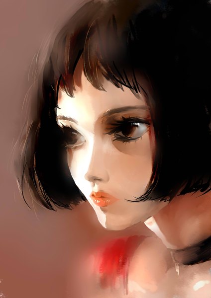 Anime picture 2480x3507 with real life natalie portman hidden single tall image highres short hair simple background brown hair brown eyes looking away lips close-up face girl choker