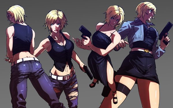 Anime picture 1280x800 with parasite eve (game) aya brea pizaya short hair open mouth blonde hair standing bare shoulders multiple girls looking away profile grey background open jacket gradient background torn clothes back multiple persona girl dress weapon