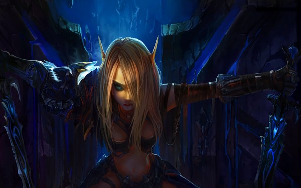 Anime picture 2560x1600 with world of warcraft warcraft blizzard entertainment blood elf valeera sanguinar chenbo single long hair fringe highres blonde hair wide image holding green eyes pointy ears hair over one eye realistic midriff light elf