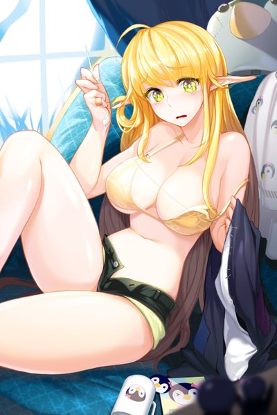 Anime picture 1000x1500 with sword girls snowball22 long hair tall image looking at viewer blush open mouth light erotic blonde hair green eyes pointy ears midriff girl navel shorts