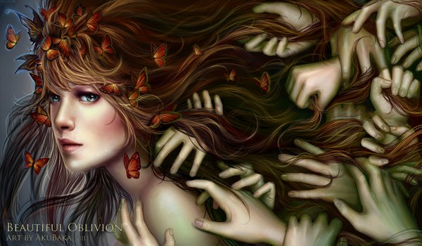 Anime picture 1200x700 with original akubaka single long hair blue eyes simple background brown hair wide image bare shoulders lips realistic inscription girl insect butterfly hand