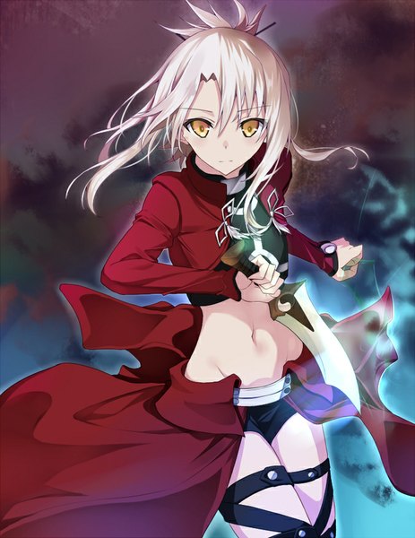 Anime picture 677x877 with fate (series) fate/kaleid liner prisma illya type-moon illyasviel von einzbern tsuedzu single long hair tall image fringe holding yellow eyes white hair wind bare belly groin looking down serious archer (cosplay) girl navel