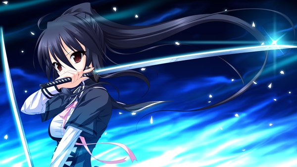 Anime picture 1280x720 with tiny dungeon (game) rosebleu vell sein black hair wide image brown eyes game cg ponytail weapon over shoulder girl weapon sword katana