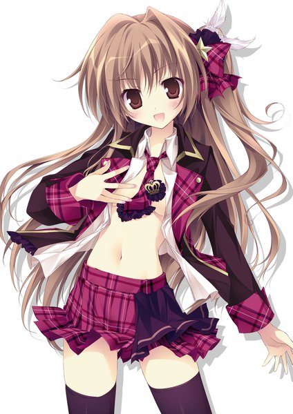 Anime picture 1687x2389 with original aomi maika karory single long hair tall image blush open mouth light erotic simple background brown hair white background brown eyes open clothes open shirt one side up girl thighhighs skirt navel