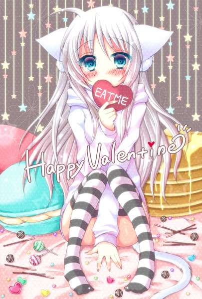 Anime picture 1181x1748 with original meiya neon long hair tall image blush blue eyes sitting animal ears full body ahoge white hair cat ears valentine girl thighhighs food heart sweets striped thighhighs