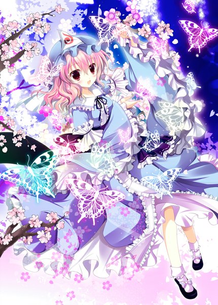 Anime picture 715x1000 with touhou saigyouji yuyuko shirogane hina single tall image looking at viewer blush short hair open mouth pink hair pink eyes cherry blossoms girl dress flower (flowers) plant (plants) tree (trees) insect butterfly bonnet