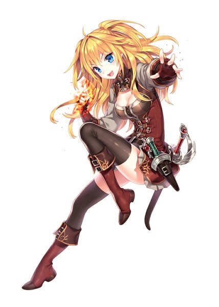 Anime picture 714x1000 with original nardack single long hair tall image open mouth blue eyes simple background blonde hair white background girl thighhighs dress weapon black thighhighs sword boots fingerless gloves dagger