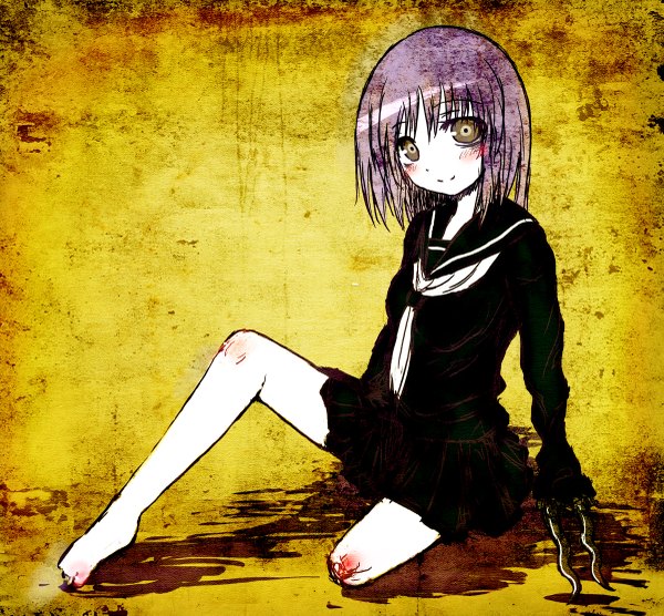 Anime picture 1200x1113 with original shisen single blush sitting purple hair light smile no shoes yellow background guro girl uniform weapon school uniform knife