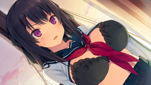 Anime picture 1280x720 with ao no kanata no four rhythm sprite (company) tobisawa misaki akinashi yuu single long hair looking at viewer blush fringe breasts open mouth light erotic black hair wide image large breasts purple eyes game cg sky cloud (clouds) sweat