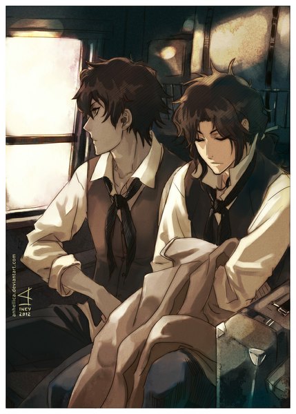 Anime picture 738x1032 with neah walker nea walker anhellica tall image short hair brown hair sitting looking away eyes closed profile sunlight multiple boys sleeping boy uniform shirt window 2 boys pants train