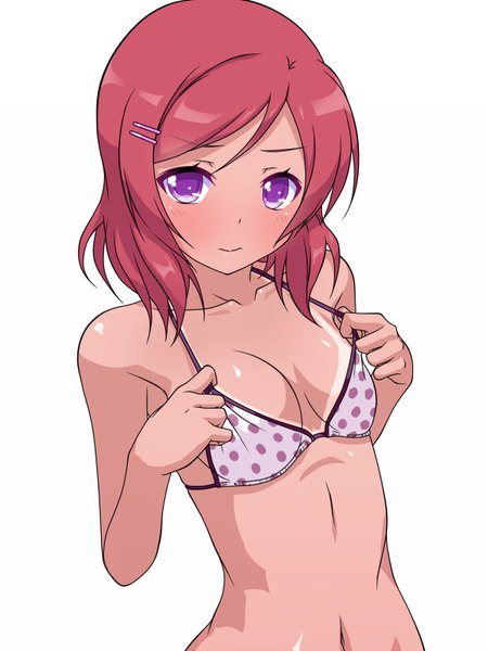 Anime picture 600x800 with love live! school idol project sunrise (studio) love live! nishikino maki k10k single tall image looking at viewer blush fringe short hair breasts light erotic simple background standing white background purple eyes bare shoulders holding upper body