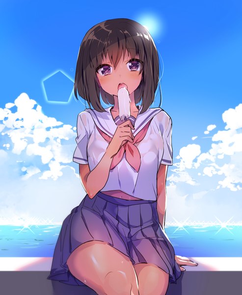 Anime picture 909x1107 with original konbu wakame single tall image looking at viewer blush fringe short hair open mouth light erotic black hair hair between eyes sitting purple eyes holding sky cloud (clouds) pleated skirt sunlight arm support