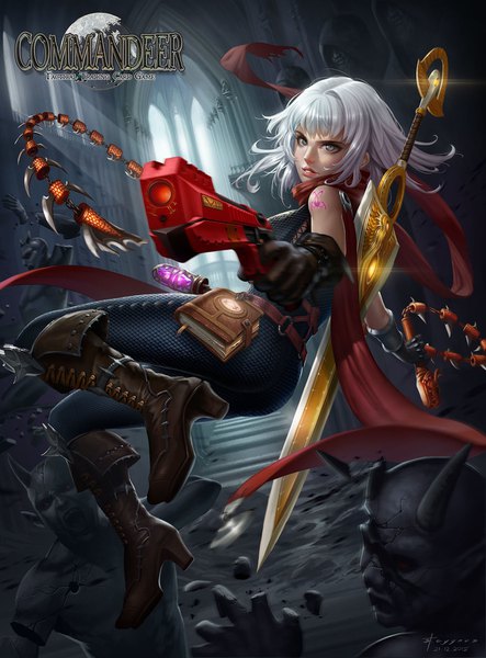 Anime picture 1238x1676 with commandeer (card game) quatra (commandeer) stcygnus tall image fringe holding white hair indoors parted lips lips grey eyes tattoo copyright name fighting stance dual wielding girl gloves weapon sword black gloves