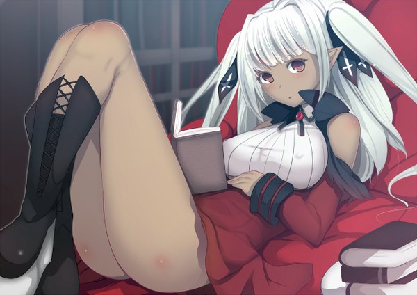 Anime picture 1300x919 with original daiaru long hair looking at viewer blush breasts light erotic large breasts twintails bare shoulders brown eyes white hair pointy ears dark skin girl detached sleeves boots