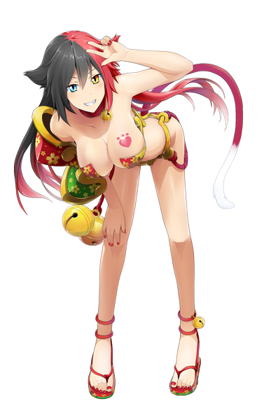 Anime picture 818x1300 with onigiri (mmorpg) ibaraki douji (onigiri) single long hair tall image looking at viewer breasts light erotic black hair large breasts animal ears full body red hair tail nail polish animal tail multicolored hair cat ears two-tone hair cat girl