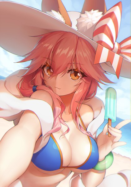 Anime picture 1236x1753 with fate (series) fate/grand order fate/extra tamamo (fate) (all) tamamo no mae (swimsuit lancer) (fate) neko7 single long hair tall image looking at viewer fringe breasts light erotic hair between eyes large breasts holding animal ears payot pink hair upper body