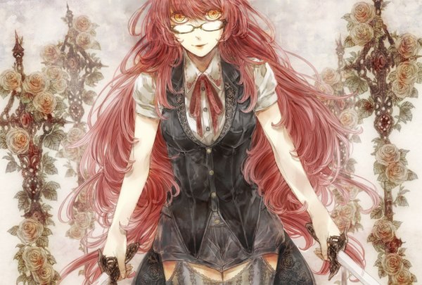 Anime picture 1332x900 with original irodori16 single long hair looking at viewer fringe holding yellow eyes pink hair dual wielding girl thighhighs flower (flowers) ribbon (ribbons) weapon sword glasses shorts rose (roses) short shorts