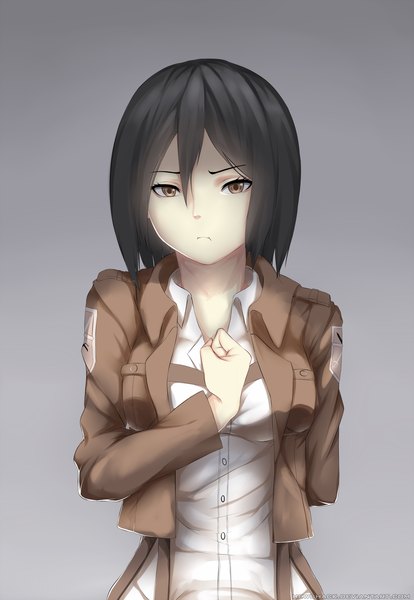Anime picture 1446x2096 with shingeki no kyojin production i.g mikasa ackerman hews single tall image looking at viewer short hair black hair brown eyes open clothes open jacket girl