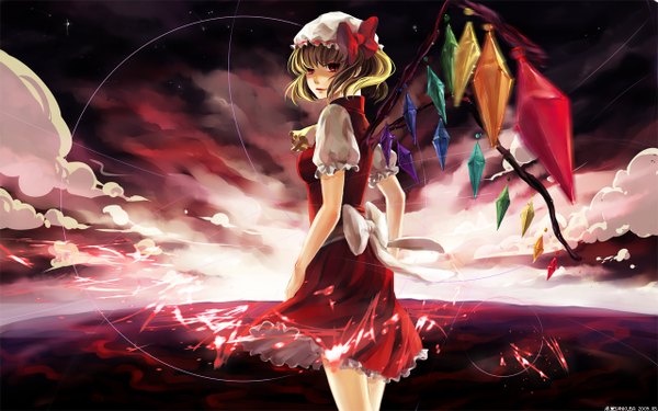 Anime picture 1280x800 with touhou flandre scarlet sankusa short hair blonde hair red eyes wide image one side up girl hat wings