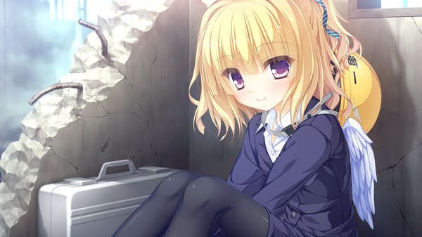 Anime picture 1920x1080 with world election whirlpool (studio) parfil (world election) single looking at viewer blush highres short hair blonde hair smile wide image sitting purple eyes game cg girl wings