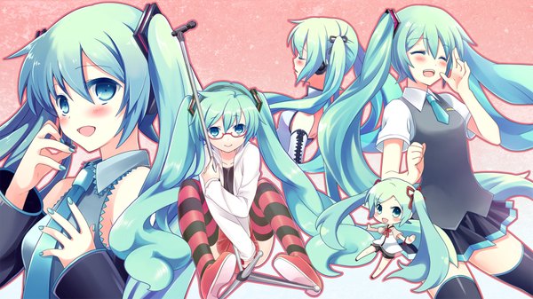Anime picture 1920x1080 with project diva vocaloid kocchi muite baby (vocaloid) sekiranun graffiti (vocaloid) voice (vocaloid) hatsune miku tobade (tbdfactory) blush highres open mouth smile wide image sitting twintails multiple girls eyes closed very long hair aqua eyes aqua hair chibi