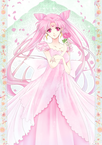 Anime picture 699x992 with bishoujo senshi sailor moon toei animation chibiusa princess usagi small lady taito1020 single tall image looking at viewer standing twintails pink hair cleavage very long hair pink eyes light smile sparkle hair bun (hair buns) forehead mark alternate age older