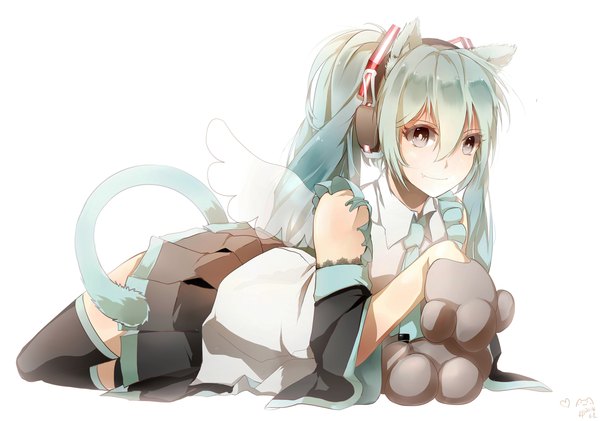 Anime picture 4096x2880 with vocaloid hatsune miku shiimai single long hair highres blue eyes white background twintails animal ears absurdres tail animal tail aqua eyes cat ears aqua hair cat girl cat tail girl thighhighs