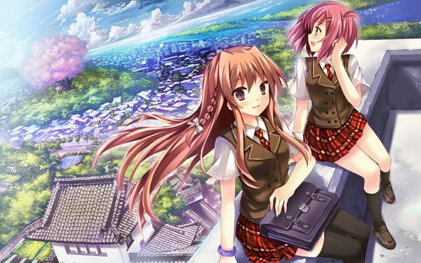 Anime picture 1000x625 with original peach88 long hair short hair open mouth smile brown hair wide image multiple girls brown eyes sky cloud (clouds) red hair braid (braids) cherry blossoms city cityscape girl thighhighs black thighhighs
