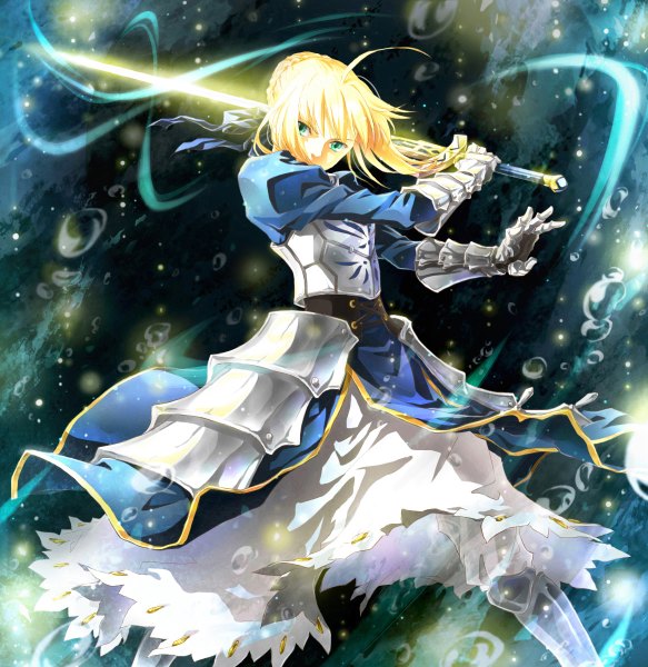 Anime picture 1166x1200 with fate (series) fate/stay night fate/zero studio deen type-moon artoria pendragon (all) saber single tall image looking at viewer fringe blonde hair standing braid (braids) aqua eyes glowing girl dress gloves weapon