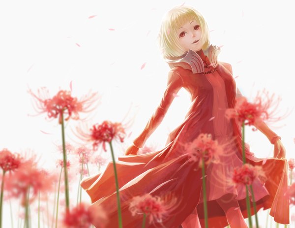 Anime picture 1500x1159 with original pixiv tanatatatan single short hair open mouth blonde hair smile red eyes white background ahoge albino girl dress flower (flowers) petals red dress clothes higanbana
