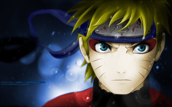 Anime picture 2560x1600 with naruto studio pierrot naruto (series) uzumaki naruto anbuu single highres blue eyes blonde hair wide image wind facial mark portrait scar face eyeshadow whisker markings jinchuriki boy water