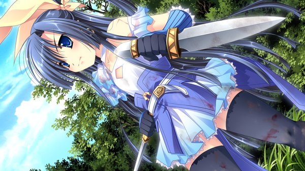 Anime picture 1024x576 with hanasaku otome to koi no grimoire long hair blue eyes black hair wide image game cg one side up girl thighhighs dress weapon black thighhighs