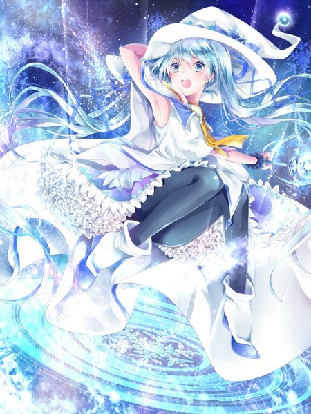 Anime picture 800x1067 with vocaloid suki! yuki! maji magic (vocaloid) hatsune miku yuki miku yuki miku (2014) kyashii (a3yu9mi) single tall image blush open mouth blue eyes twintails blue hair looking away very long hair wind magic hand on head adjusting hat convenient leg