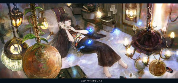 Anime picture 2000x938 with original nanase miri single long hair highres black hair wide image lying traditional clothes japanese clothes barefoot on back grey eyes crying skeleton girl pillow book (books) insect butterfly