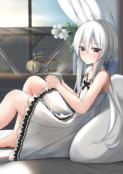 Anime picture 2450x3466 with original moyoron single long hair tall image looking at viewer fringe highres hair between eyes red eyes payot ahoge white hair barefoot sunlight sleeveless low ponytail reclining sunbeam steam