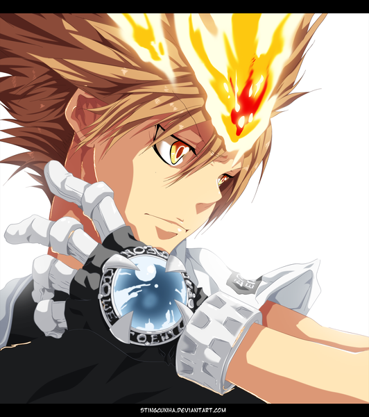 Anime picture 2085x2350 with katekyou hitman reborn sawada tsunayoshi stingcunha single tall image highres short hair simple background brown hair white background yellow eyes coloring magic letterboxed close-up boy gloves fire