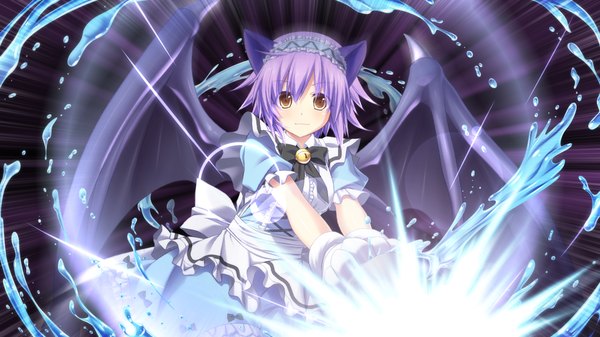 Anime picture 1280x720 with tenbin no la dea eushully single looking at viewer short hair wide image brown eyes animal ears game cg purple hair magic girl dress wings water