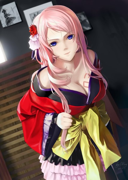 Anime picture 1750x2450 with project diva vocaloid megurine luka okingjo single long hair tall image highres blue eyes pink hair cleavage hair flower girl hair ornament