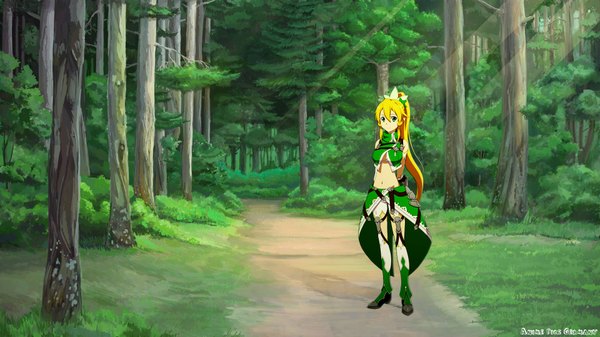 Anime picture 1920x1080 with sword art online everlasting summer a-1 pictures iichan eroge leafa arsenixc vvcephei shugo19 single long hair highres blonde hair wide image green eyes ponytail light smile pointy ears inscription shadow alternate costume