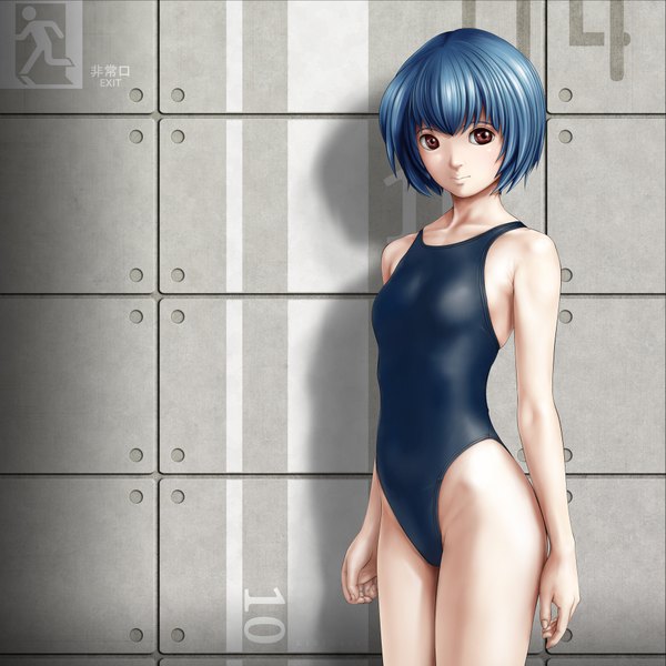 Anime picture 2000x2000 with neon genesis evangelion gainax ayanami rei kirin404 single highres short hair red eyes blue hair girl swimsuit wall
