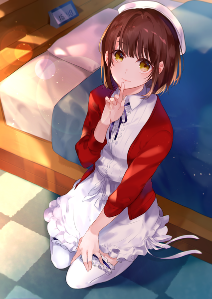 Anime picture 1505x2125 with saenai heroine no sodatekata a-1 pictures katou megumi miwano rag single tall image short hair brown hair green eyes full body from above light smile finger to mouth frilled dress checkered floor floor seiza girl thighhighs dress