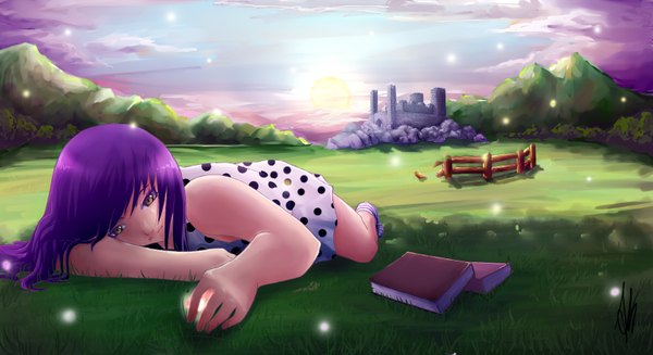 Anime picture 1650x900 with original ankoku-hime single long hair wide image bare shoulders brown eyes signed sky purple hair cloud (clouds) lying evening sunset mountain girl dress plant (plants) socks book (books)