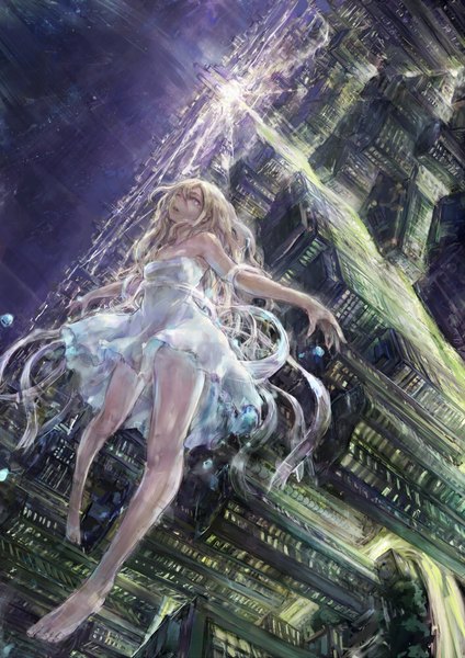 Anime picture 707x1000 with original toritoritottori single long hair tall image open mouth blonde hair bare shoulders brown eyes night bare legs night sky city light spread arms cityscape flying city lights girl dress
