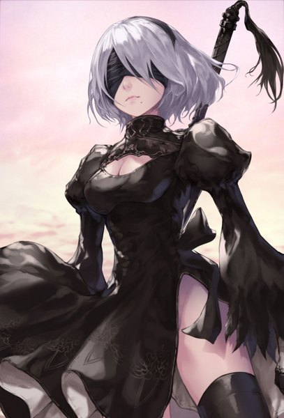 Anime picture 750x1106 with nier nier:automata yorha no. 2 type b jname single tall image short hair breasts light erotic standing sky cleavage silver hair mole puffy sleeves side slit cleavage cutout mole under mouth blindfold girl