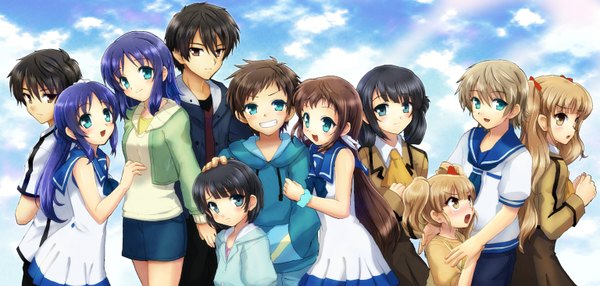 Anime picture 1535x734 with nagi no asukara p.a. works hiradaira chisaki mukaido manaka shiodome miuna hisanuma sayu kihara tsumugu sakishima hikari isaki kaname enbun (l00p) long hair looking at viewer blush short hair open mouth blue eyes black hair blonde hair smile brown hair