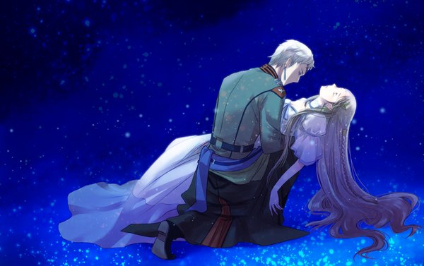 Anime picture 1200x754 with last exile last exile: gin'yoku no fam gonzo luscinia hafez liliana il velch cutrettola turan takenoko (flacla) long hair short hair silver hair braid (braids) eyes closed pointy ears grey hair from behind couple carrying girl dress boy uniform