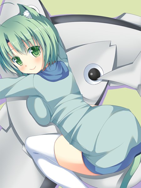 Anime picture 750x1000 with original sharon (dodomayo) asa no ha tall image blush short hair smile green eyes tail animal tail green hair cat girl cat tail girl thighhighs white thighhighs pillow